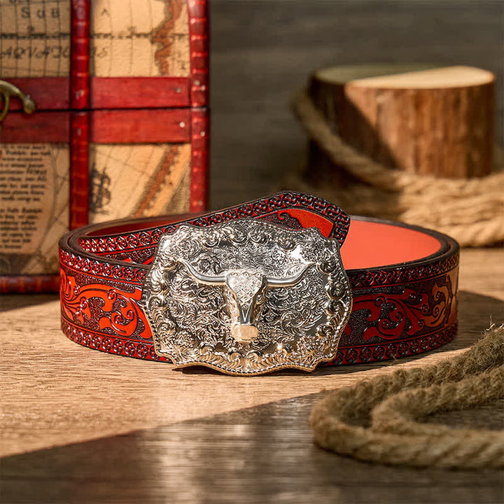 Shiny Longhorn Legacy Western Cowboy DIY Buckle Leather Belt - Silver - Brown Carved Belt - 42 - image 15