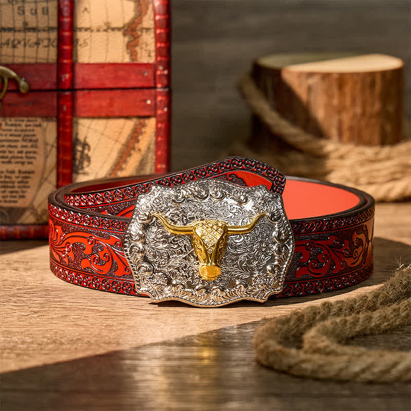 Shiny Longhorn Legacy Western Cowboy DIY Buckle Leather Belt - Gold - Brown Carved Belt - 42 - image 6