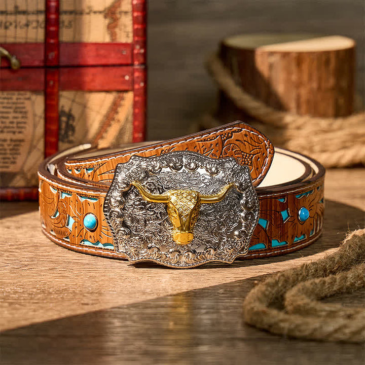 Shiny Longhorn Legacy Western Cowboy DIY Buckle Leather Belt - Gold - Turquoise Carved Belt - 42 - image 3