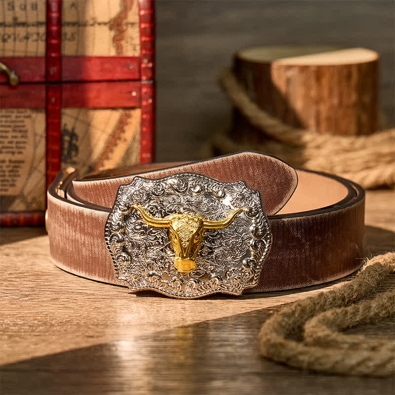 Shiny Longhorn Legacy Western Cowboy DIY Buckle Leather Belt - Gold - Brown Distressed Belt - 42 - image 5