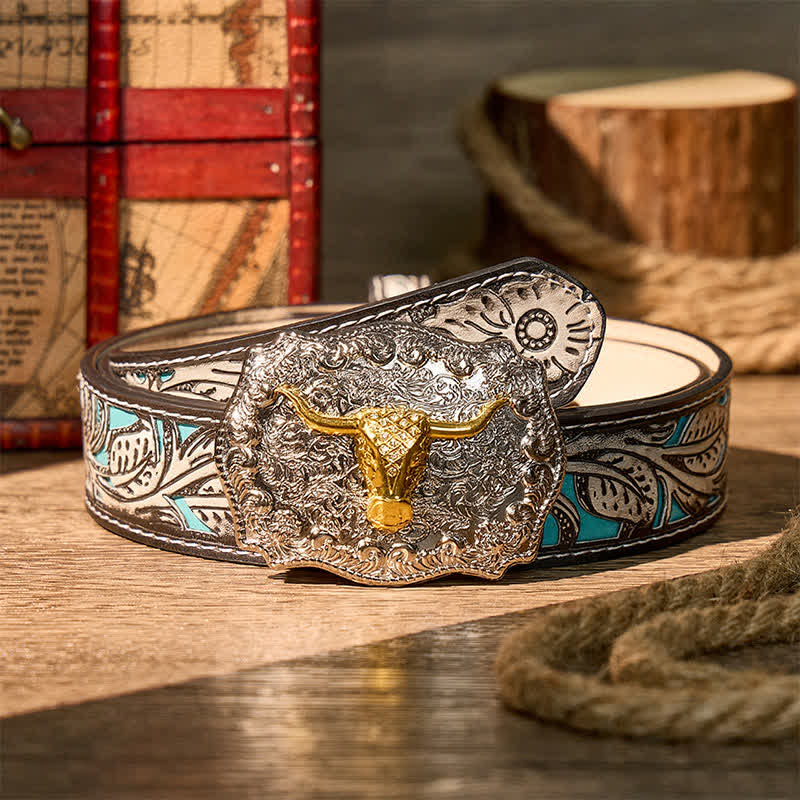 Shiny Longhorn Legacy Western Cowboy DIY Buckle Leather Belt - Gold - Gray Floral Belt - 42 - image 8