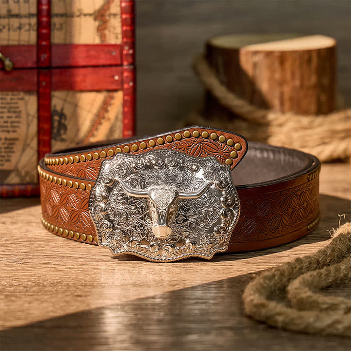 Shiny Longhorn Legacy Western Cowboy DIY Buckle Leather Belt - Silver - Brown Rivet Belt - 42 - image 13