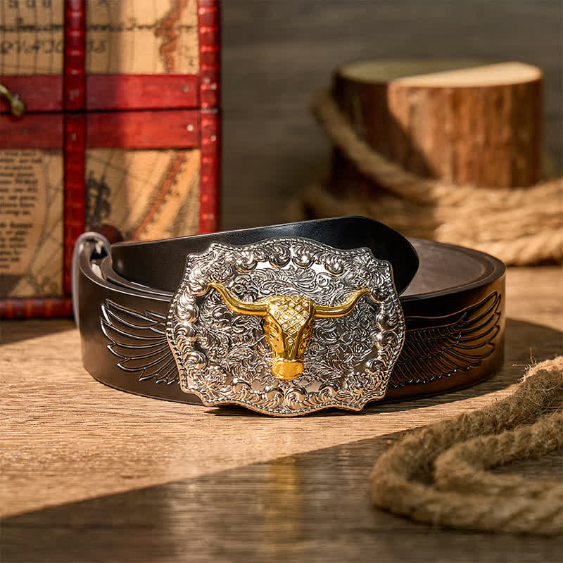 Shiny Longhorn Legacy Western Cowboy DIY Buckle Leather Belt - Gold - Black Embossed Eagle Belt - 42 - image 2
