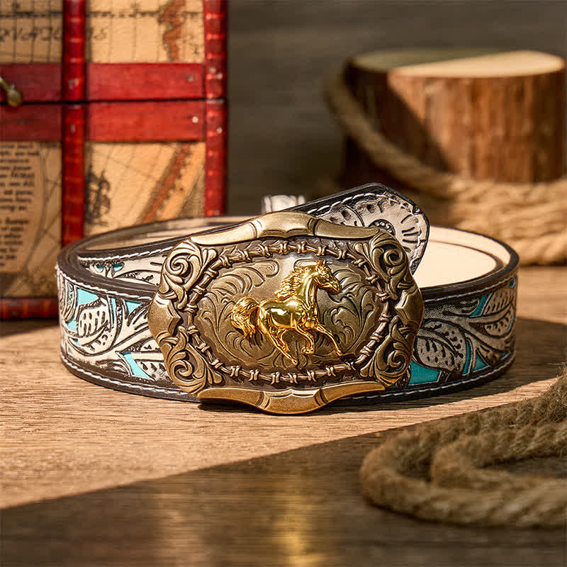 Born To Run Cowboy Rodeo Horse DIY Buckle Leather Belt - Bronze - Gray Floral Belt - 42 - image 8