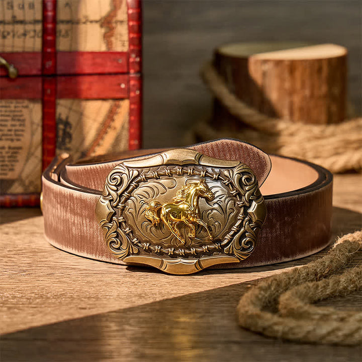 Born To Run Cowboy Rodeo Horse DIY Buckle Leather Belt - Bronze - Brown Distressed Belt - 42 - image 5