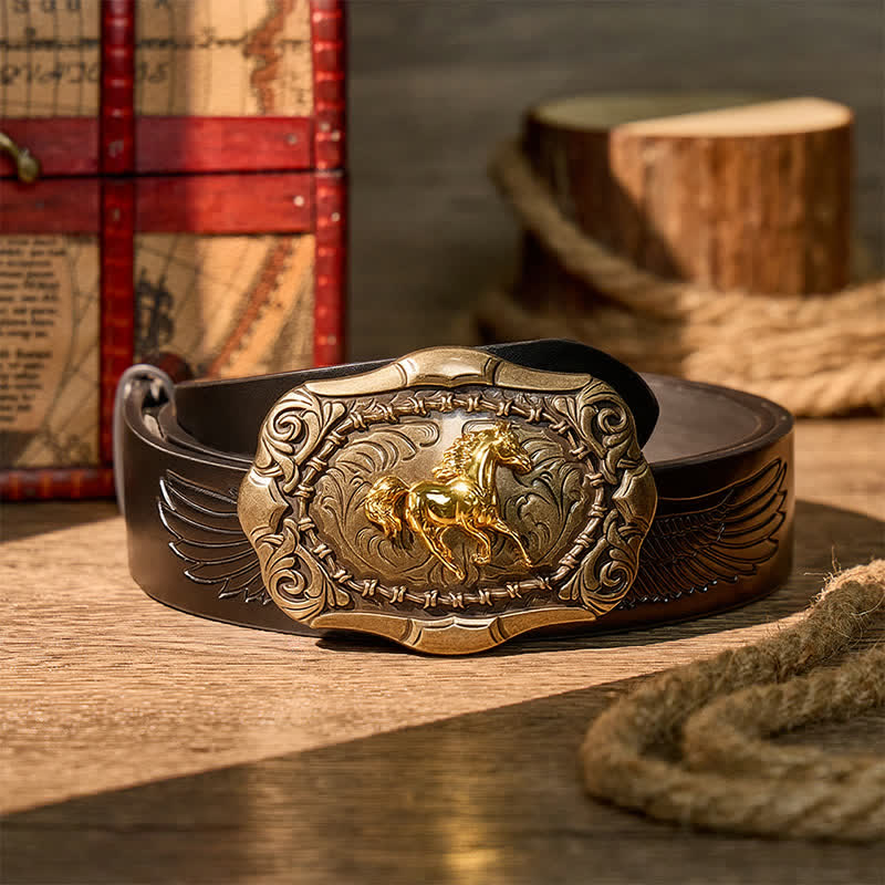 Born To Run Cowboy Rodeo Horse DIY Buckle Leather Belt - Bronze - Black Embossed Eagle Belt - 42 - image 2