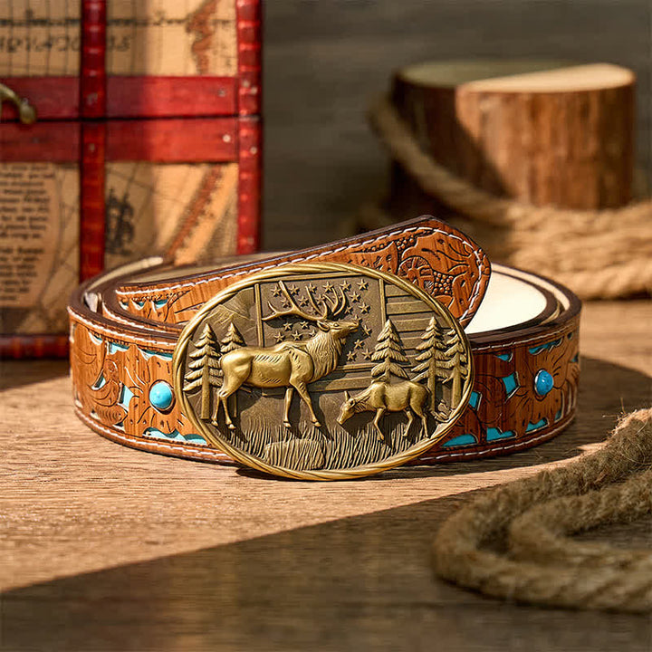 Patriotic Wildlife Elk With American Flag DIY Buckle Leather Belt - Bronze - Turquoise Carved Belt - 42 - image 3