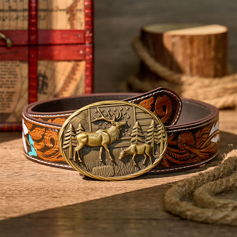 Patriotic Wildlife Elk With American Flag DIY Buckle Leather Belt - Bronze - Brown Feather Belt - 40 - image 7