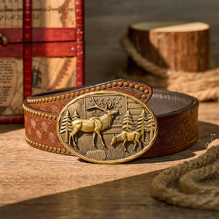Patriotic Wildlife Elk With American Flag DIY Buckle Leather Belt - Bronze - Brown Rivet Belt - 42 - image 4