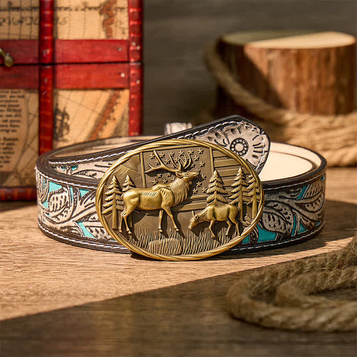 Patriotic Wildlife Elk With American Flag DIY Buckle Leather Belt - Bronze - Gray Floral Belt - 42 - image 8