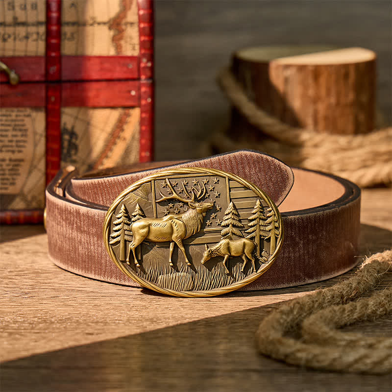 Patriotic Wildlife Elk With American Flag DIY Buckle Leather Belt - Bronze - Brown Distressed Belt - 42 - image 5