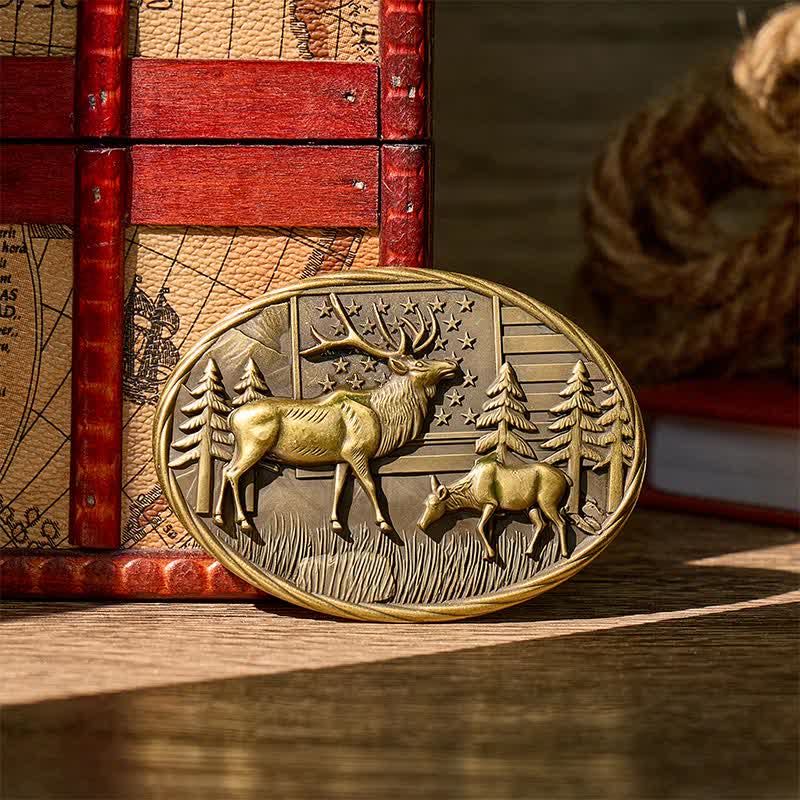 Patriotic Wildlife Elk With American Flag DIY Buckle Leather Belt - Bronze - Without Belt - Not Included Belt - image 0