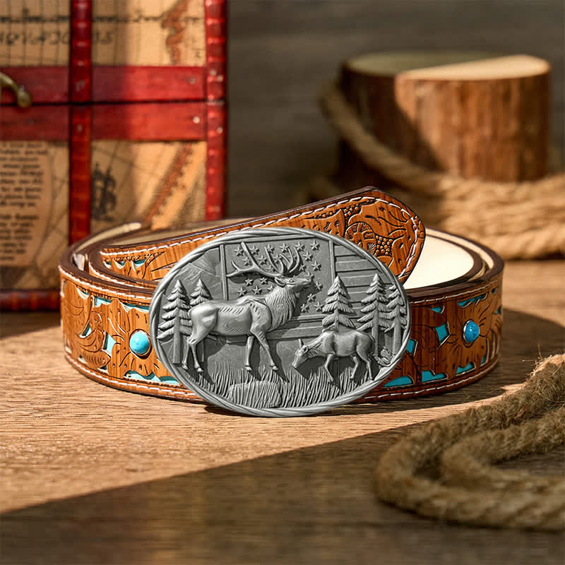 Patriotic Wildlife Elk With American Flag DIY Buckle Leather Belt - Silver - Turquoise Carved Belt - 42 - image 11