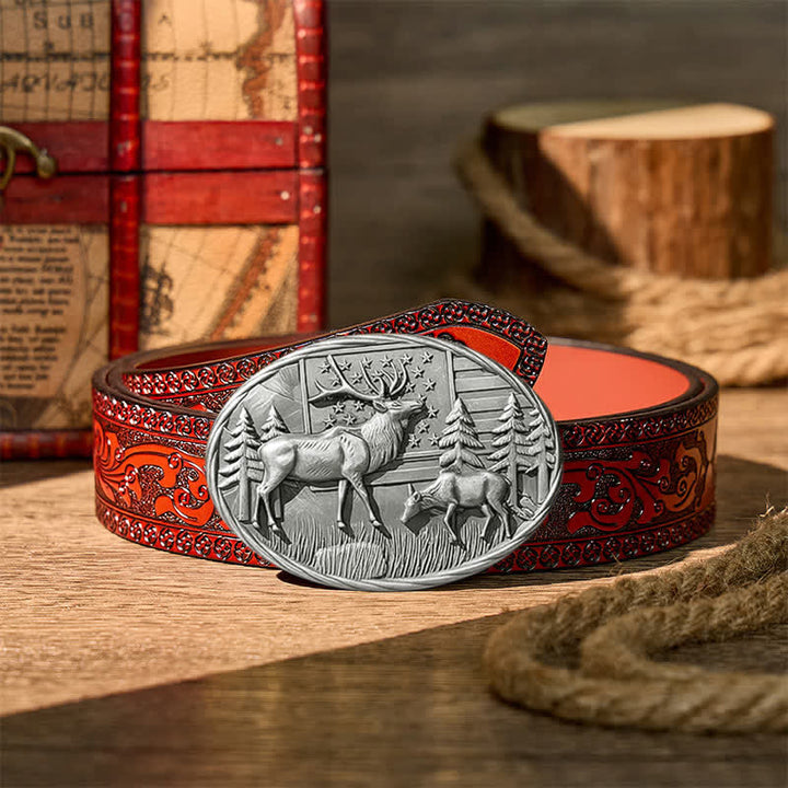 Patriotic Wildlife Elk With American Flag DIY Buckle Leather Belt - Silver - Brown Carved Belt - 42 - image 14