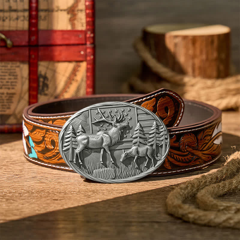 Patriotic Wildlife Elk With American Flag DIY Buckle Leather Belt - Silver - Brown Feather Belt - 40 - image 15