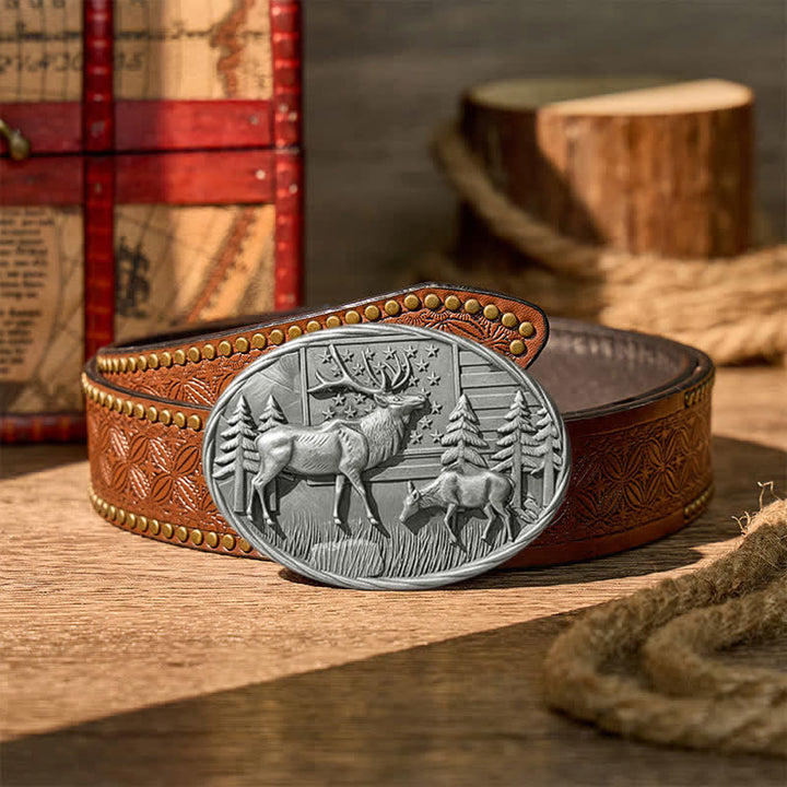 Patriotic Wildlife Elk With American Flag DIY Buckle Leather Belt - Silver - Brown Rivet Belt - 42 - image 12