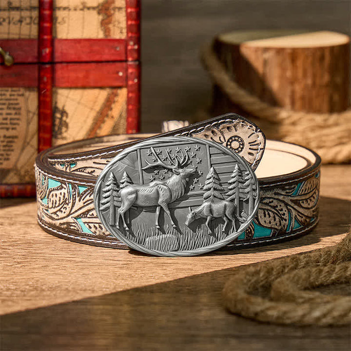 Patriotic Wildlife Elk With American Flag DIY Buckle Leather Belt - Silver - Gray Floral Belt - 42 - image 16