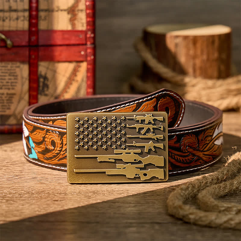 The Patriot Rifle Flag DIY Cowboy Shooting Buckle Leather Belt - Bronze - Brown Feather Belt - 40 - image 7