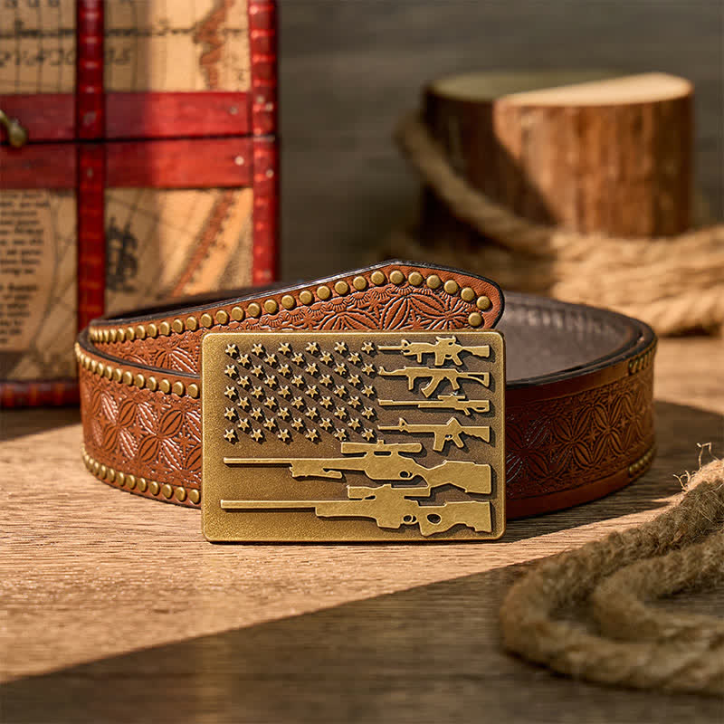 The Patriot Rifle Flag DIY Cowboy Shooting Buckle Leather Belt - Bronze - Brown Rivet Belt - 42 - image 4