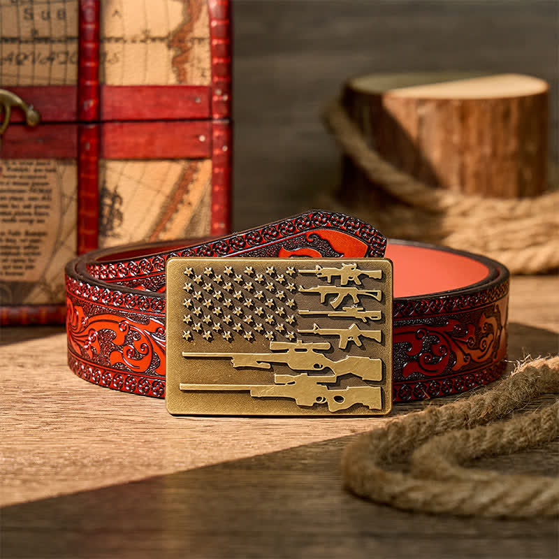The Patriot Rifle Flag DIY Cowboy Shooting Buckle Leather Belt - Bronze - Brown Carved Belt - 42 - image 6
