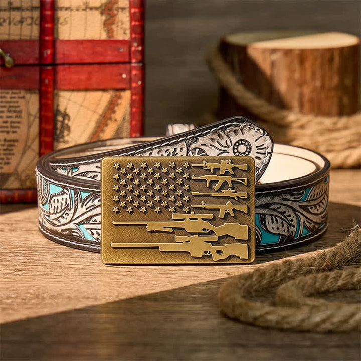The Patriot Rifle Flag DIY Cowboy Shooting Buckle Leather Belt - Bronze - Gray Floral Belt - 42 - image 8
