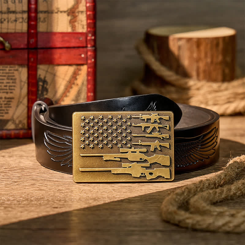 The Patriot Rifle Flag DIY Cowboy Shooting Buckle Leather Belt - Bronze - Black Embossed Eagle Belt - 42 - image 2