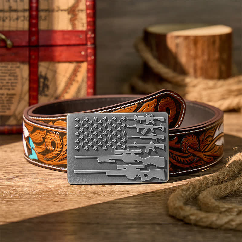 The Patriot Rifle Flag DIY Cowboy Shooting Buckle Leather Belt - Silver - Brown Feather Belt - 40 - image 15