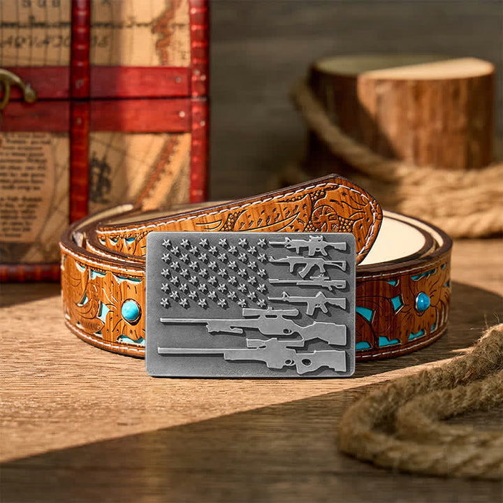 The Patriot Rifle Flag DIY Cowboy Shooting Buckle Leather Belt - Silver - Turquoise Carved Belt - 42 - image 11