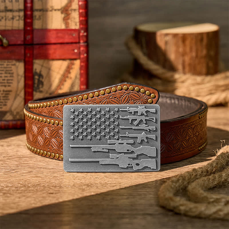The Patriot Rifle Flag DIY Cowboy Shooting Buckle Leather Belt - Silver - Brown Rivet Belt - 42 - image 12