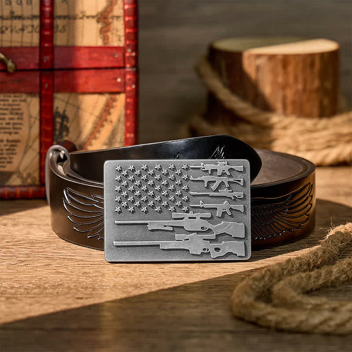 The Patriot Rifle Flag DIY Cowboy Shooting Buckle Leather Belt - Silver - Black Embossed Eagle Belt - 42 - image 10