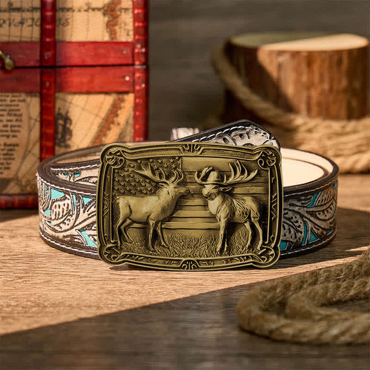 Patriotic Wildlife Two Elks Duel Western DIY Buckle Leather Belt - Bronze - Gray Floral Belt - 42 - image 16
