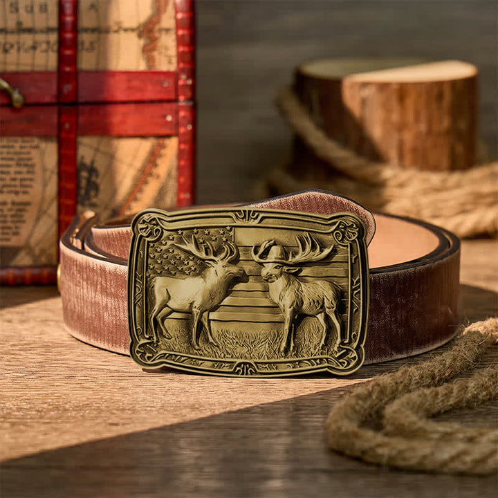 Patriotic Wildlife Two Elks Duel Western DIY Buckle Leather Belt - Bronze - Brown Distressed Belt - 42 - image 13