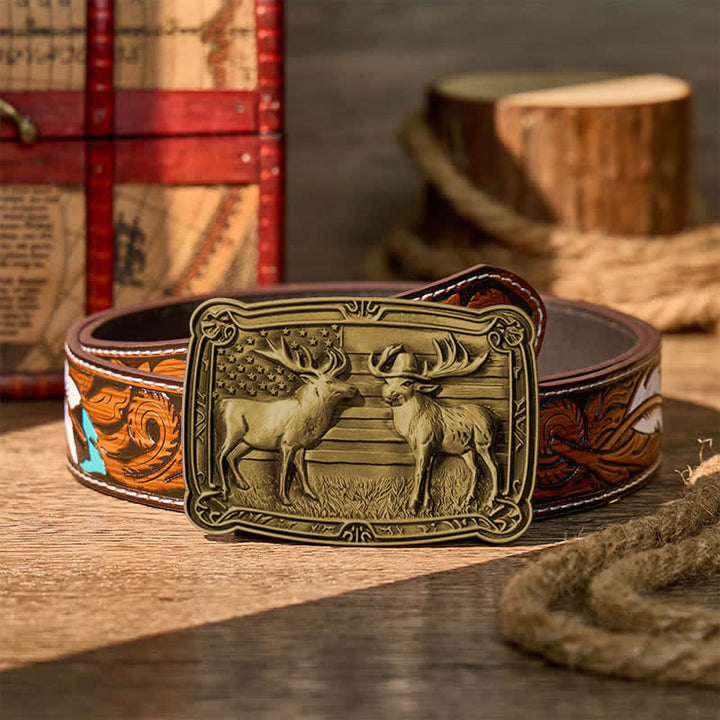 Patriotic Wildlife Two Elks Duel Western DIY Buckle Leather Belt - Bronze - Brown Feather Belt - 40 - image 15