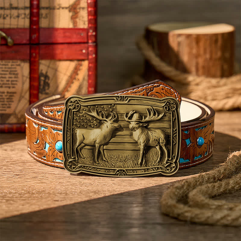 Patriotic Wildlife Two Elks Duel Western DIY Buckle Leather Belt - Bronze - Turquoise Carved Belt - 42 - image 11