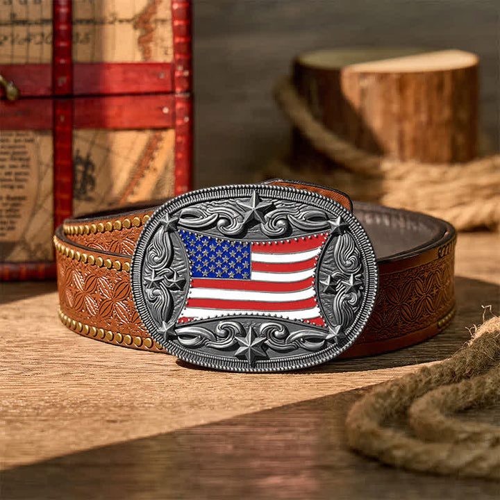 Patriotic Enameled American Flag DIY Buckle Leather Belt - Silver - Brown Rivet Belt - 42 - image 12