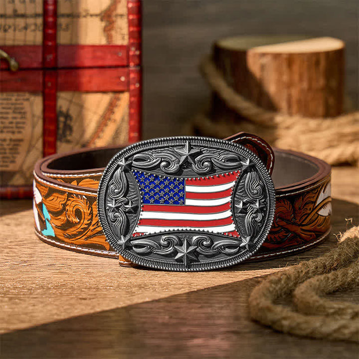 Patriotic Enameled American Flag DIY Buckle Leather Belt - Silver - Brown Feather Belt - 40 - image 15