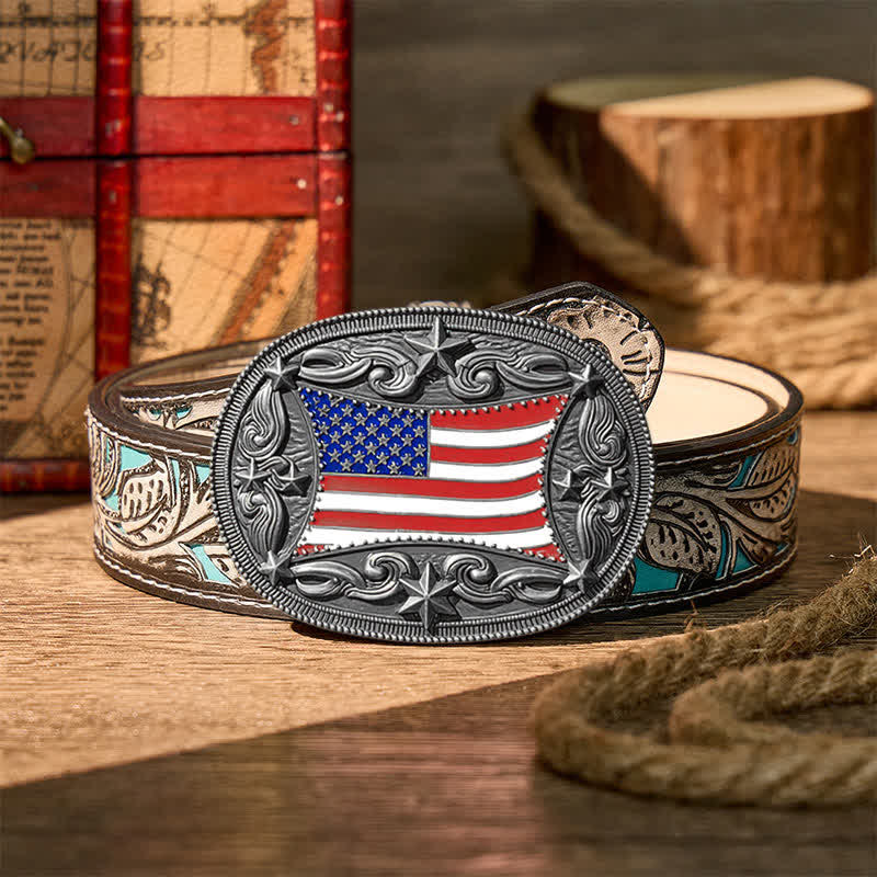 Patriotic Enameled American Flag DIY Buckle Leather Belt - Silver - Gray Floral Belt - 42 - image 16