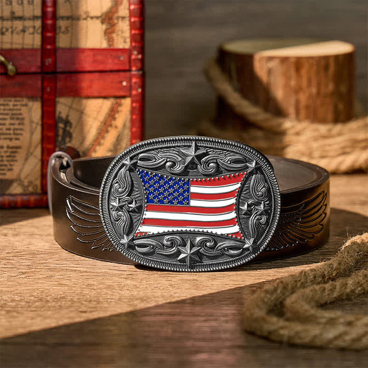 Patriotic Enameled American Flag DIY Buckle Leather Belt - Silver - Black Embossed Eagle Belt - 42 - image 10