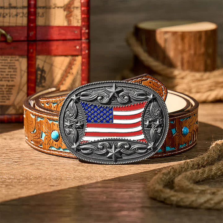 Patriotic Enameled American Flag DIY Buckle Leather Belt - Silver - Turquoise Carved Belt - 42 - image 11