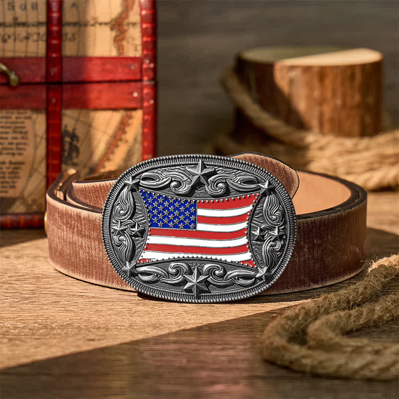Patriotic Enameled American Flag DIY Buckle Leather Belt - Silver - Brown Distressed Belt - 42 - image 13
