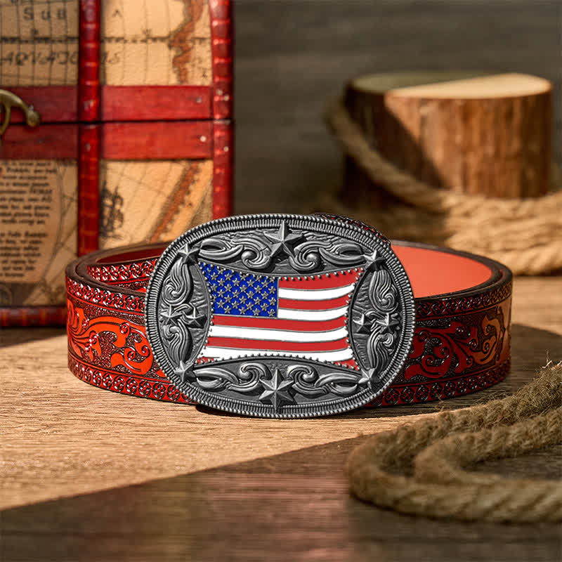 Patriotic Enameled American Flag DIY Buckle Leather Belt - Silver - Brown Carved Belt - 42 - image 14