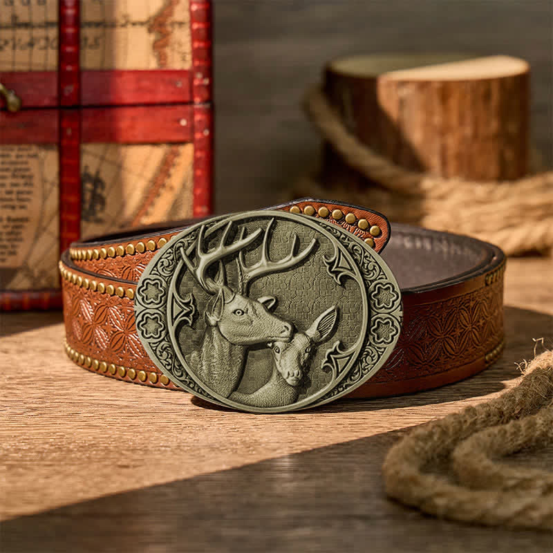 Majestic Love Stag And Doe DIY Buckle Leather Belt - Bronze - Brown Rivet Belt - 42 - image 12