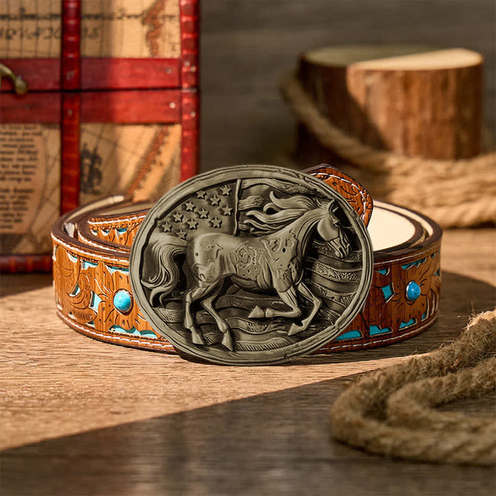 Freedom Gallop Patriotic American Flag DIY Buckle Leather Belt - Bronze - Turquoise Carved Belt - 42 - image 11