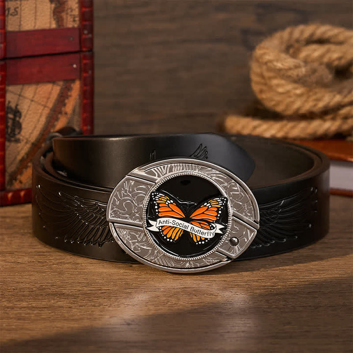 Anti-Social Butterfly DIY Hidden Folding Knife Buckle Leather Belt - Butterfly - Black Embossed Eagle Belt - 42 - image 2