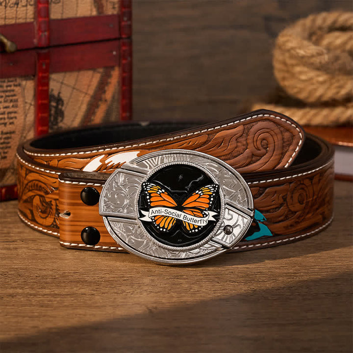 Anti-Social Butterfly DIY Hidden Folding Knife Buckle Leather Belt - Butterfly - Brown Feather Belt - 40 - image 7