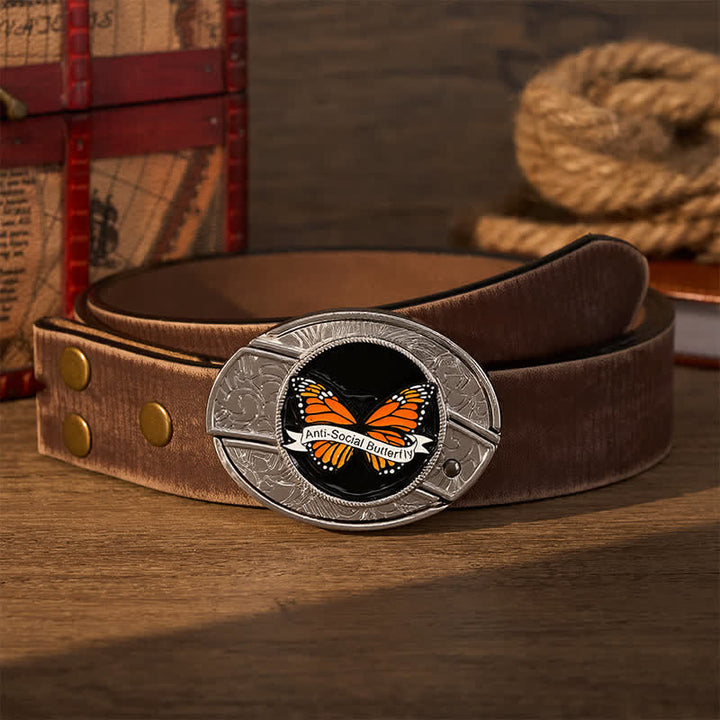 Anti-Social Butterfly DIY Hidden Folding Knife Buckle Leather Belt - Butterfly - Brown Distressed Belt - 42 - image 5