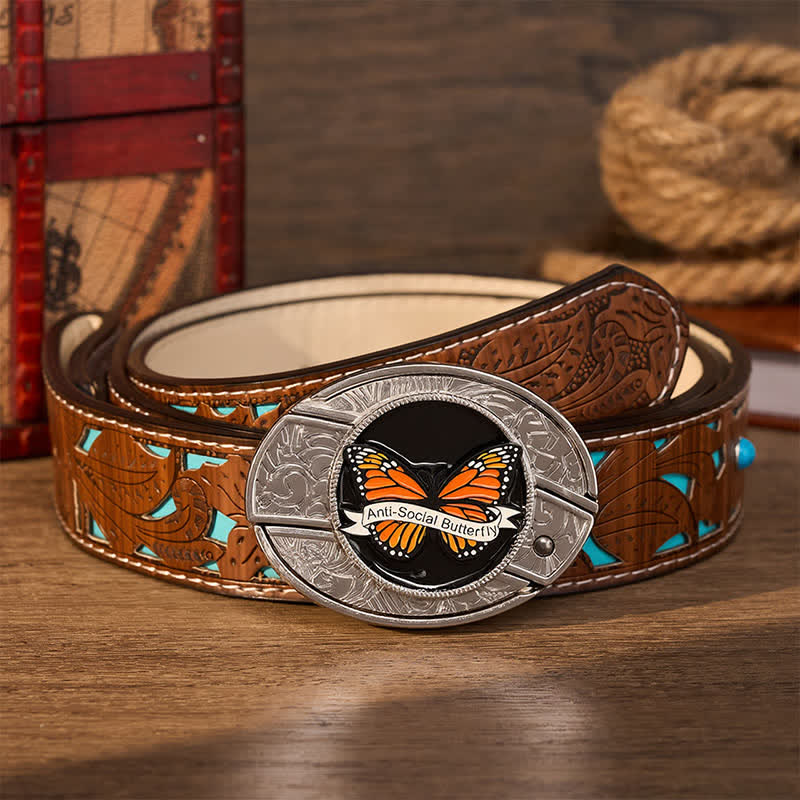 Anti-Social Butterfly DIY Hidden Folding Knife Buckle Leather Belt - Butterfly - Turquoise Carved Belt - 42 - image 3