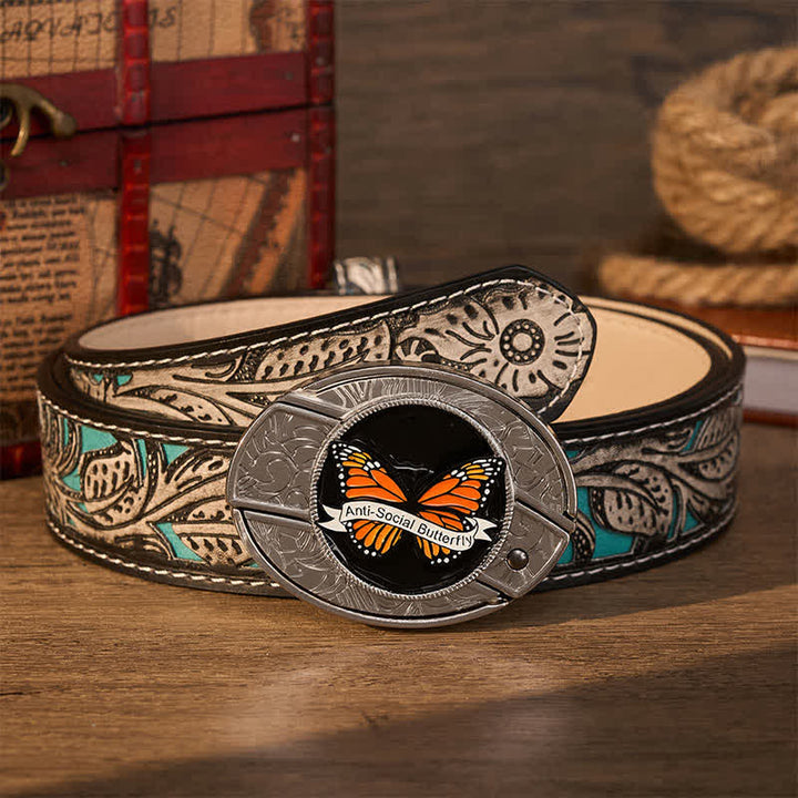 Anti-Social Butterfly DIY Hidden Folding Knife Buckle Leather Belt - Butterfly - Gray Floral Belt - 42 - image 8