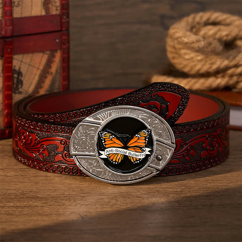Anti-Social Butterfly DIY Hidden Folding Knife Buckle Leather Belt - Butterfly - Brown Carved Belt - 42 - image 6
