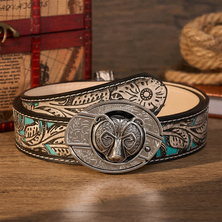 Tribal Silver Guardian Bear Head DIY Hidden Folding Knife Buckle Leather Belt - Bear - Gray Floral Belt - 42 - image 9